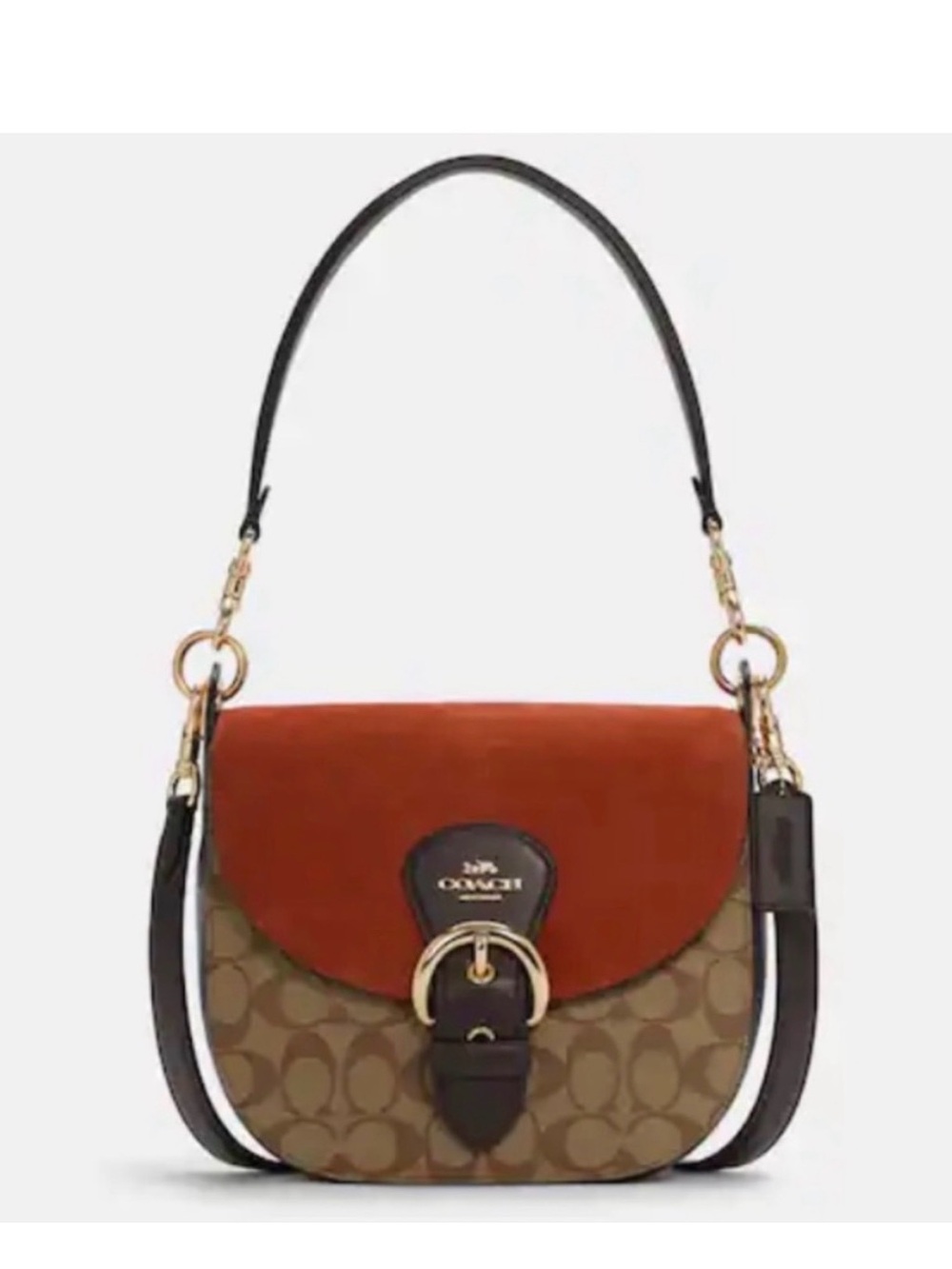 Coach Signature Kleo 17 Saddle Bag in Brown and Rust